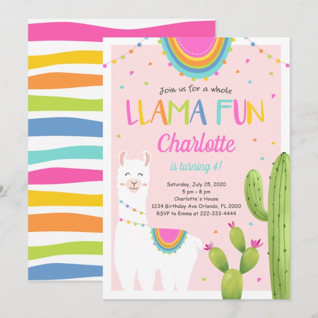 Llama Cactus, Rosa, Convite de Aniversário (Frente/Verso)