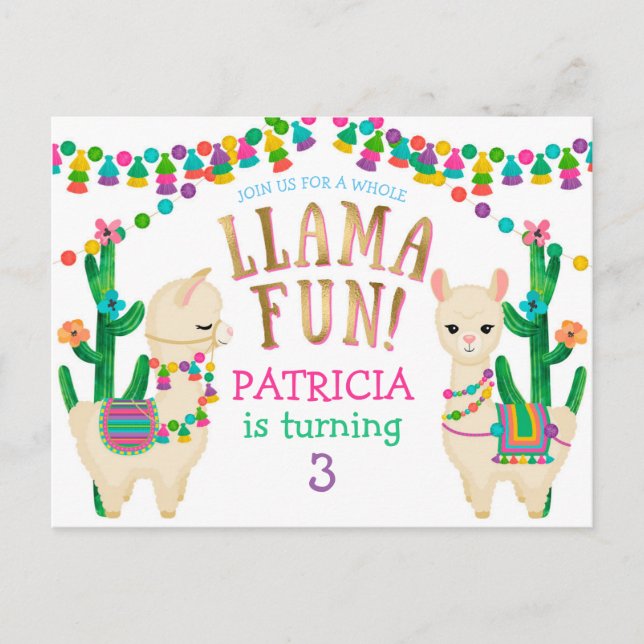 Llama, convite de aniversário de Fiesta cartão pos (Frente)