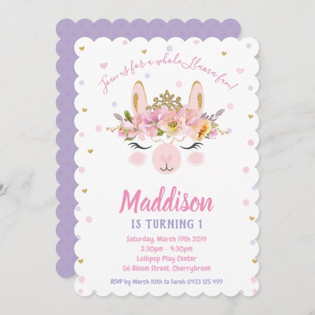 Llama Divertido Aniversário Convites Meninas Alpac (Frente/Verso)