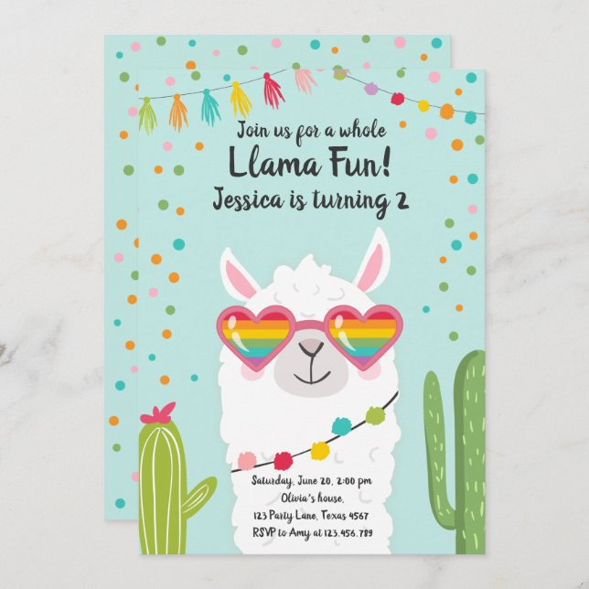 Llama Fiesta Heart Sunglass Convite de Aniversário (Frente/Verso)
