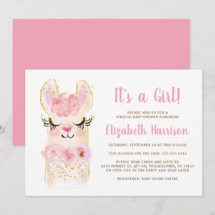 Llama Mama Pink Baby Girl Convite Virtual para Ch