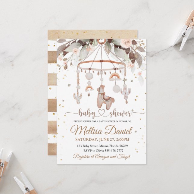 Llama Toys Boho Chá de fraldas de convite Alpak Bo (Frente/Verso In Situ)