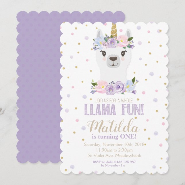 Llama Unicorn Aniversário Convite Purple Floral (Frente/Verso)
