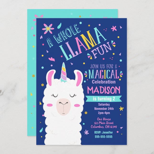 Llama Unicórn Aniversário do Convite Magnético (Frente/Verso)