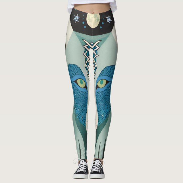 Lobo Celta Olhos Leggings com Lua e Estrelas Compl (Frente)