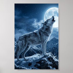 Lobo Cinzento Uivando Montanha de Neve Poster Fosc