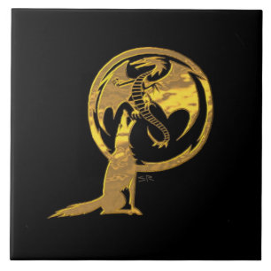 Lobo e Dragão - Grande azulejo preto Dourado