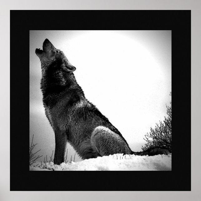Lobo Negro e Branco Howling na Lua Poster (Frente)