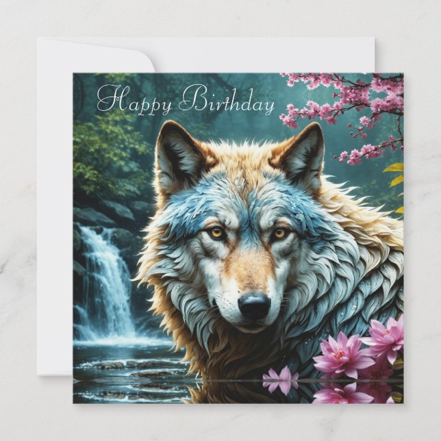Lobo no rio com flores Aniversário (Frente)