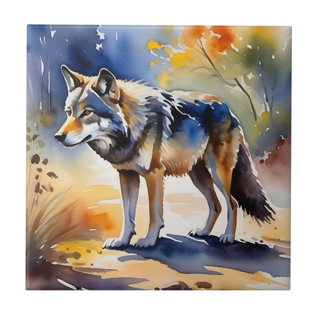 Lobo numa pintura de aquarela florestal (Frente)