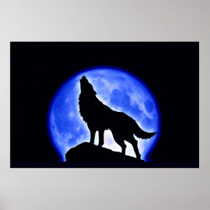 Lobo que urra no impressão do poster da lua -
