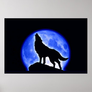 Lobo que urra no impressão do poster da lua -