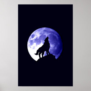 Lobo que urra no impressão do poster da lua -