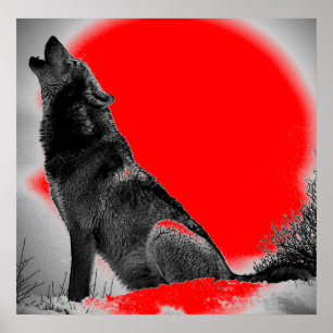 Lobo que urra no poster vermelho do pop art da lua
