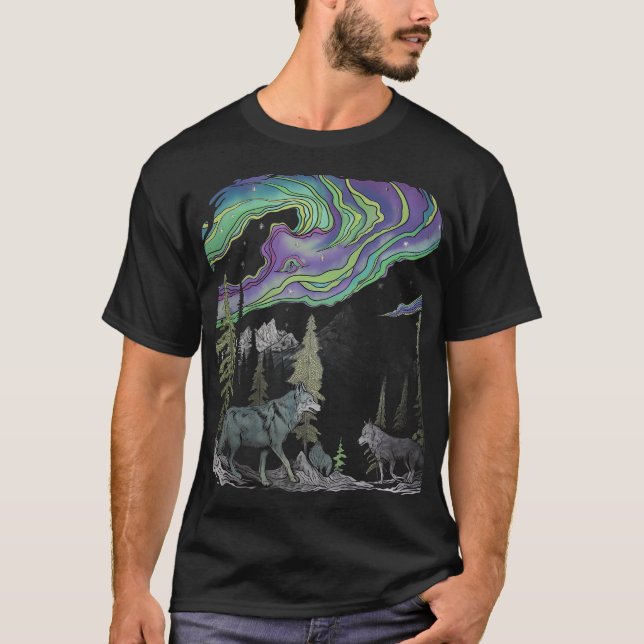 Lobos abstrato em Luzes Nortes Camiseta Florestal (Frente)
