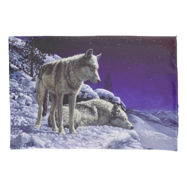Lobos cinzas na neve de inverno à noite (Frente-Esquerda)