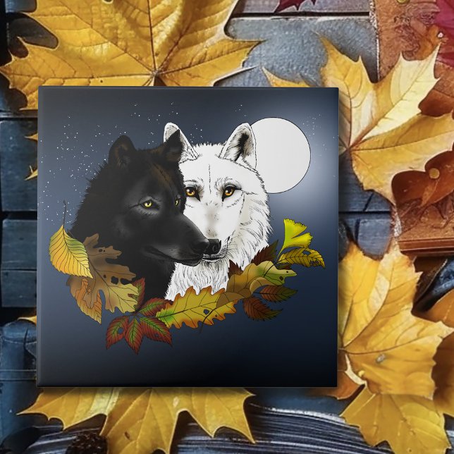 Lobos Preto Branco Luar Folhas de Outono (Criador carregado)