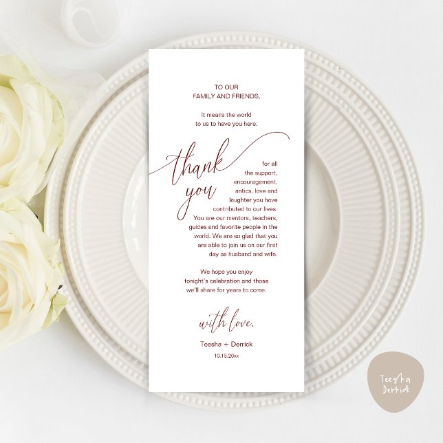 Local Jante de Casamento Definindo Cartões de agra (Modern Wedding Dinner Brunch Place Setting Thank You Card romantic in aesthetic burgundy red)