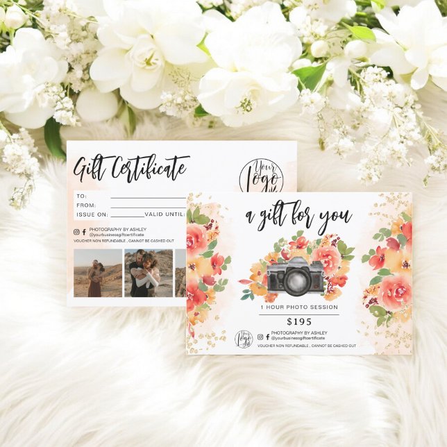 logo do certificado de presente de ouro para fotóg (floral photographer gold gift certificate logo)