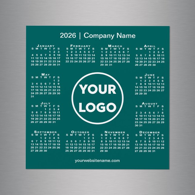 Logotipo da empresa no calendário de 2026 no Teal  (2026 Calendar Company Logo on Teal Green Magnet, in situ)