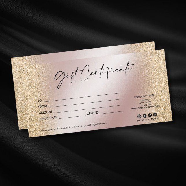 logotipo de adição do certificado de cartão-presen (rose gold and gold glitter elegant gift voucher with modern typography)