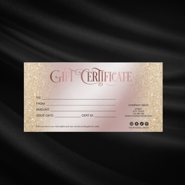 logotipo de adição do certificado de cartão-presen (ROSE GOLD AND GOLD GLITTER GIFT CERTIFICATE )
