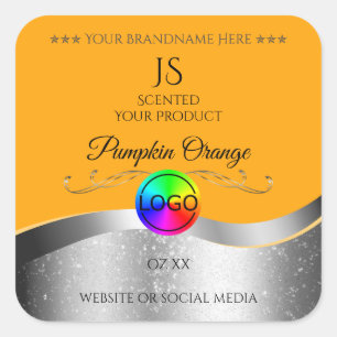 Logotipo de prata ondulada laranja e etiqueta do p