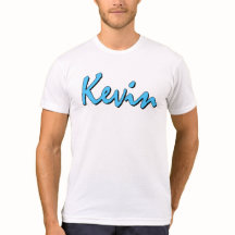Logotipo do Kevin azul na camisa branca