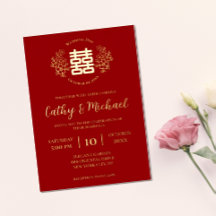 Logotipo floral vermelho e dourado casamento chinê