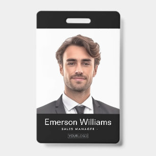 Logotipo personalizado e foto preta crachá de nome