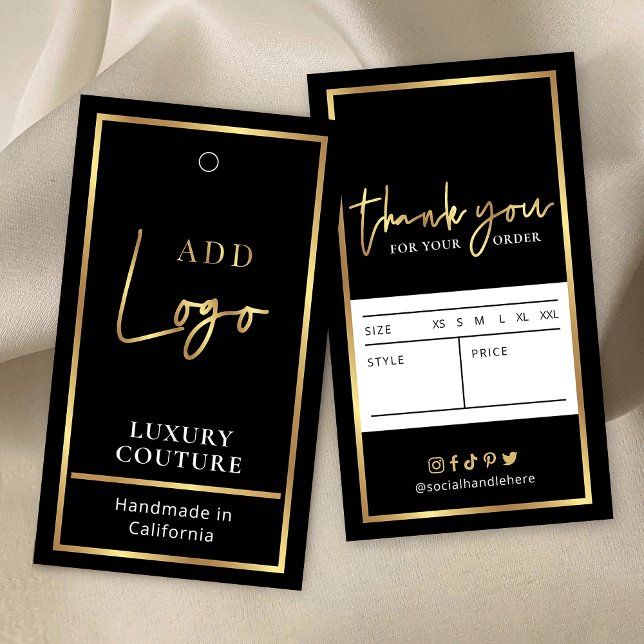 Logotipo Preto e Dourado Etiquetas modernas de pre (Black and gold clothing price tags labels with space for your logo and garment details)