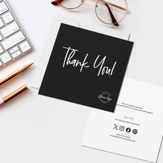 Logotipo Social de Agradecimento Preto e Branco Mo (Minimalist modern typography Business thank you custom logo, social media icons and message card)