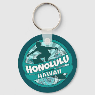 Logotipo surfista teal Honolulu Hawaii chaveiro