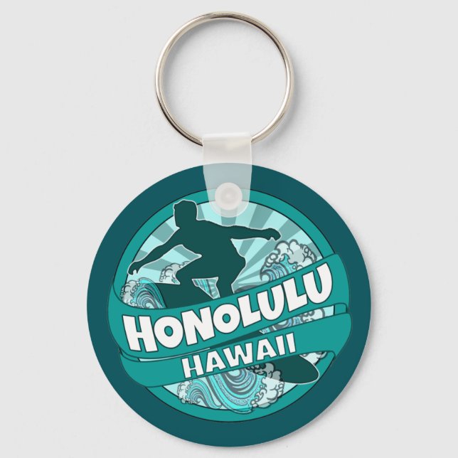 Logotipo surfista teal Honolulu Hawaii chaveiro (Frente)