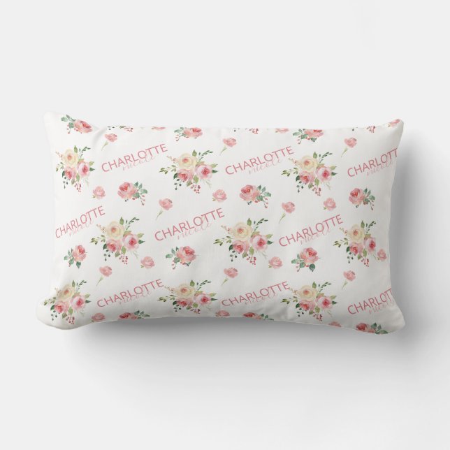 Lombar Almofada de Arremesso Monogramada Floral Rosa Cora (Frente)