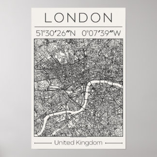 London UK Charcoal City Map Poster Minimal Wall
