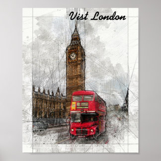 Londres big ben e red bus poster