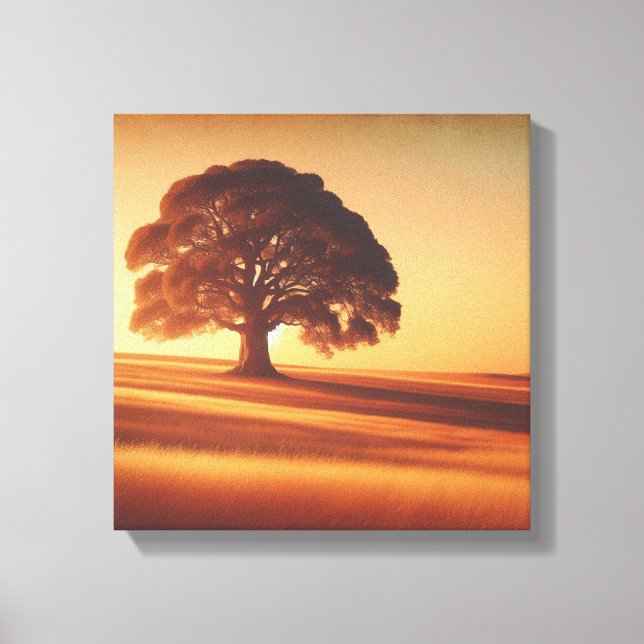 Lone Tree Under Vintage Sunset in Field Canvas (Frente)
