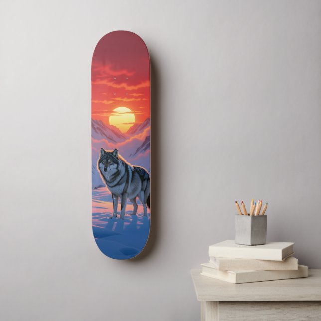 Lone Wolf Stands Against The Sunset Skateboard