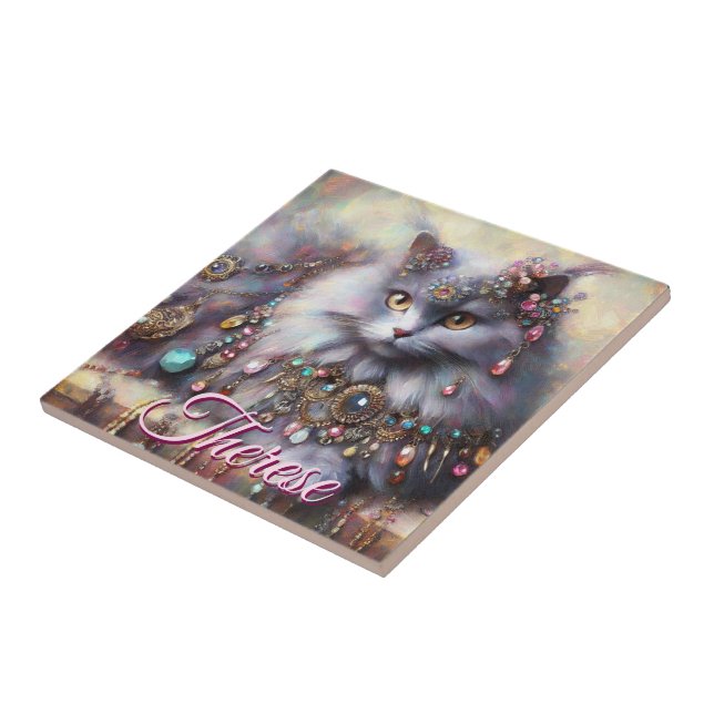 Long Hair Gray Cat w/Jewels Gemstones Personalized (Lateral)