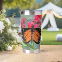 Longwing Tigre em Descanso sobre Flores Vermelhas