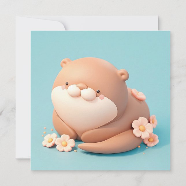 Lontra de argila 3D fofa com flores cor-de-rosa ca (Frente)