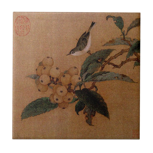 Loquats and bird vintage art (Frente)