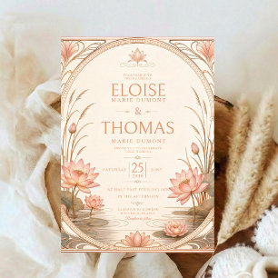 Lótus Art Nouveau Rosa Choque Convite de Casamento