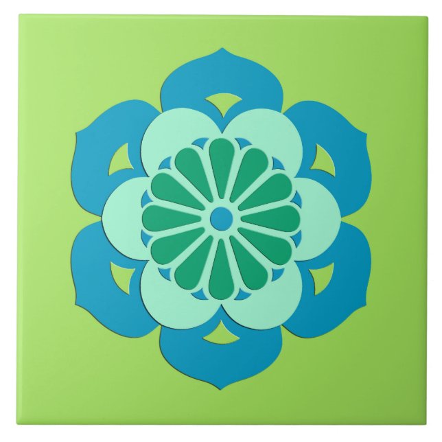 Lotus Flower Mandala, Verde limão e Azul Claro (Frente)