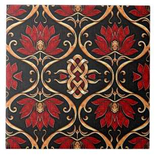 Lótus Vermelho Regal e Padrão de Filigrana Dourada
