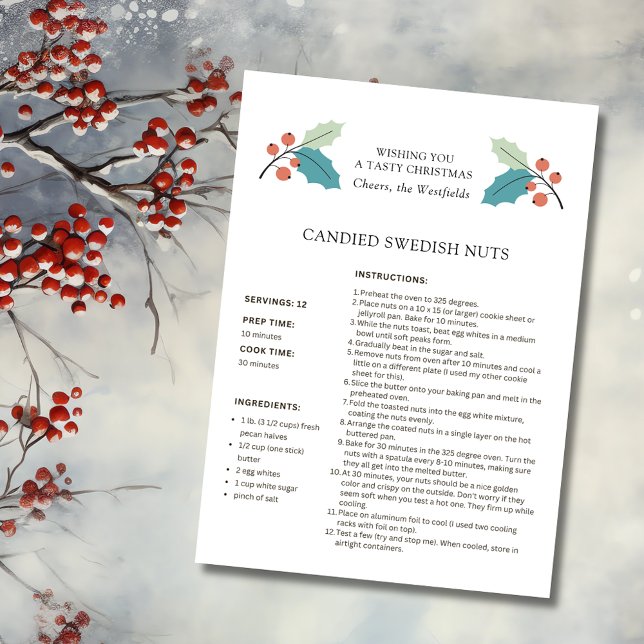 Loucos Suecos Recebem Cartão de Natal (Wishing You a Tasty Christmas Holly and Red Berries Candied Swedish Nuts Recipe Card 4.5 x 6.25)