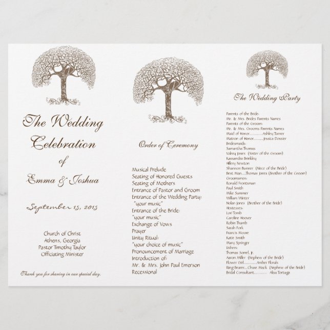 Love Bird Brown Swirl Tree TriFold Weding Program (Frente)