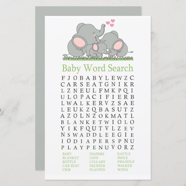Love Elephants Chá de fraldas Word Search Game (Frente/Verso)