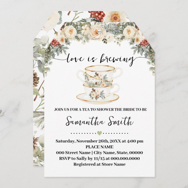 Love is Brewing Winter Tea Bridal Shower Invite (Frente/Verso)